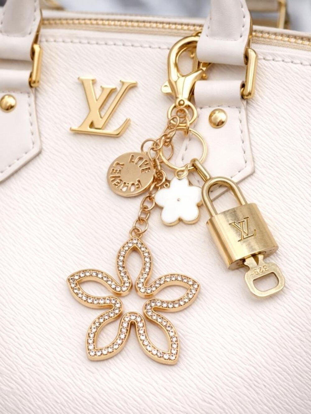 Louis Vuitton Authentic Gold Padlock 🔑 Key + Stylish Unbranded Clover Bag Charm